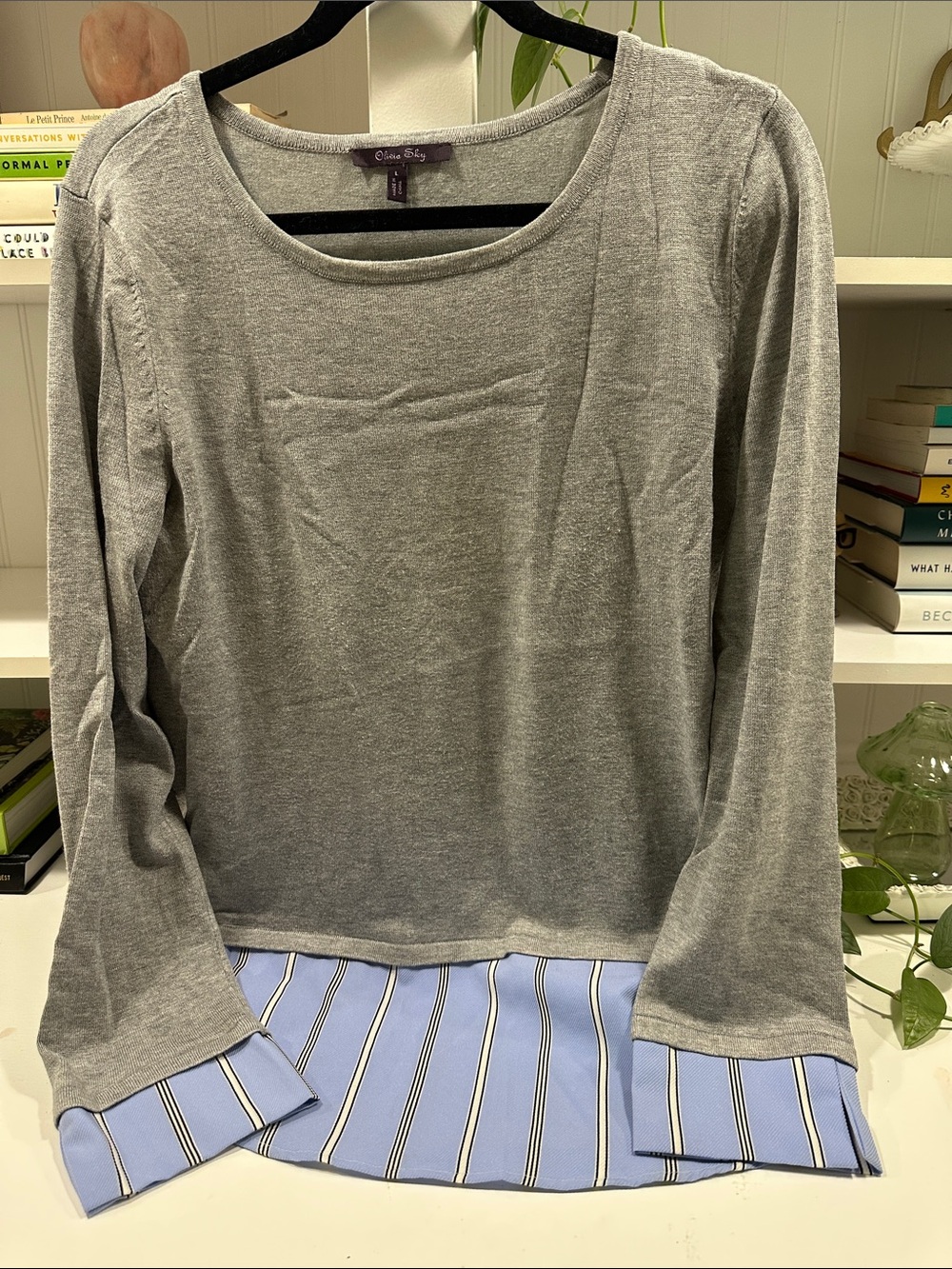 Olivia Sky Gray Knit Sweatshirt with Blue Striped Hem
